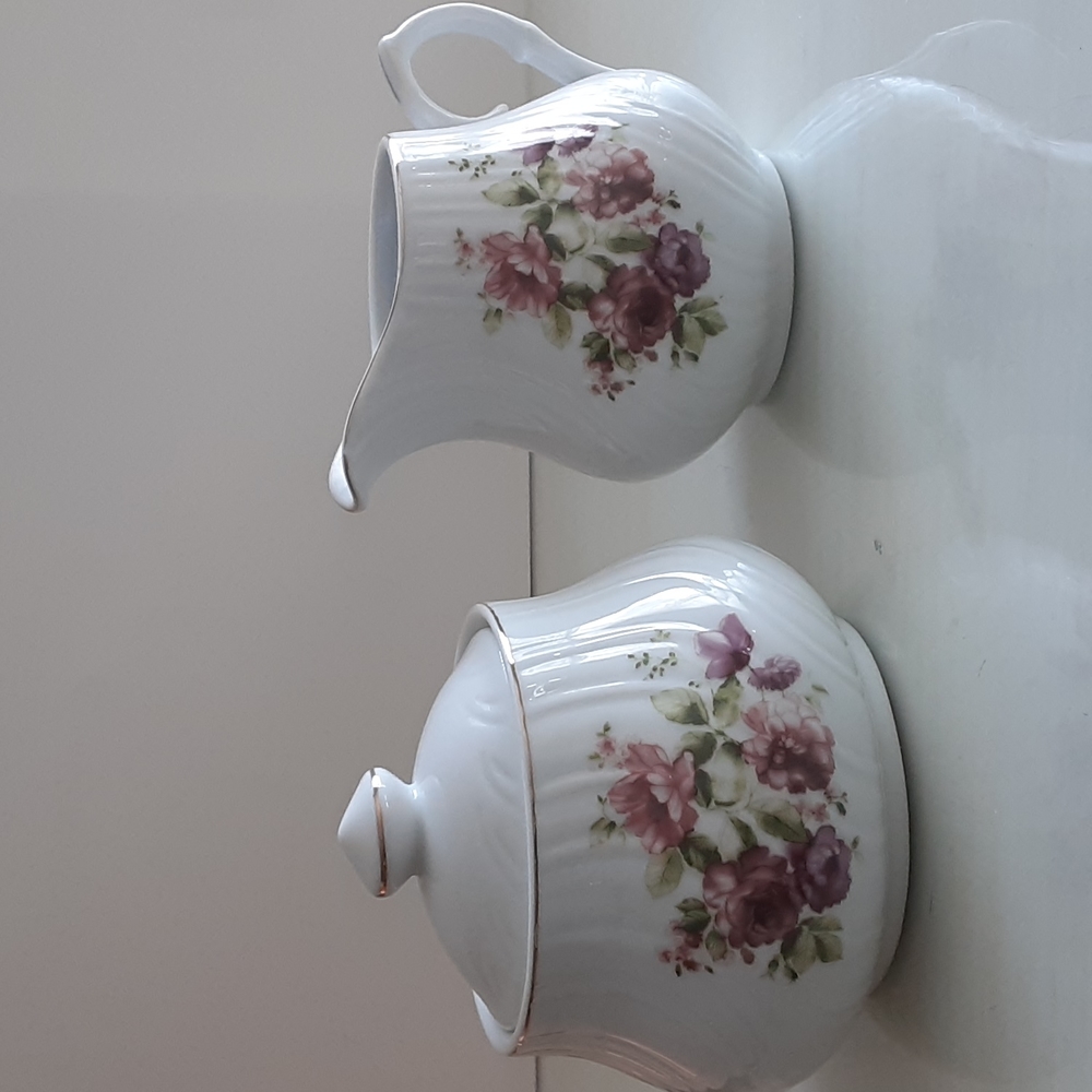 Savoy Home Porcelain Creamer & Sugar Bowl w/Purple Flowers